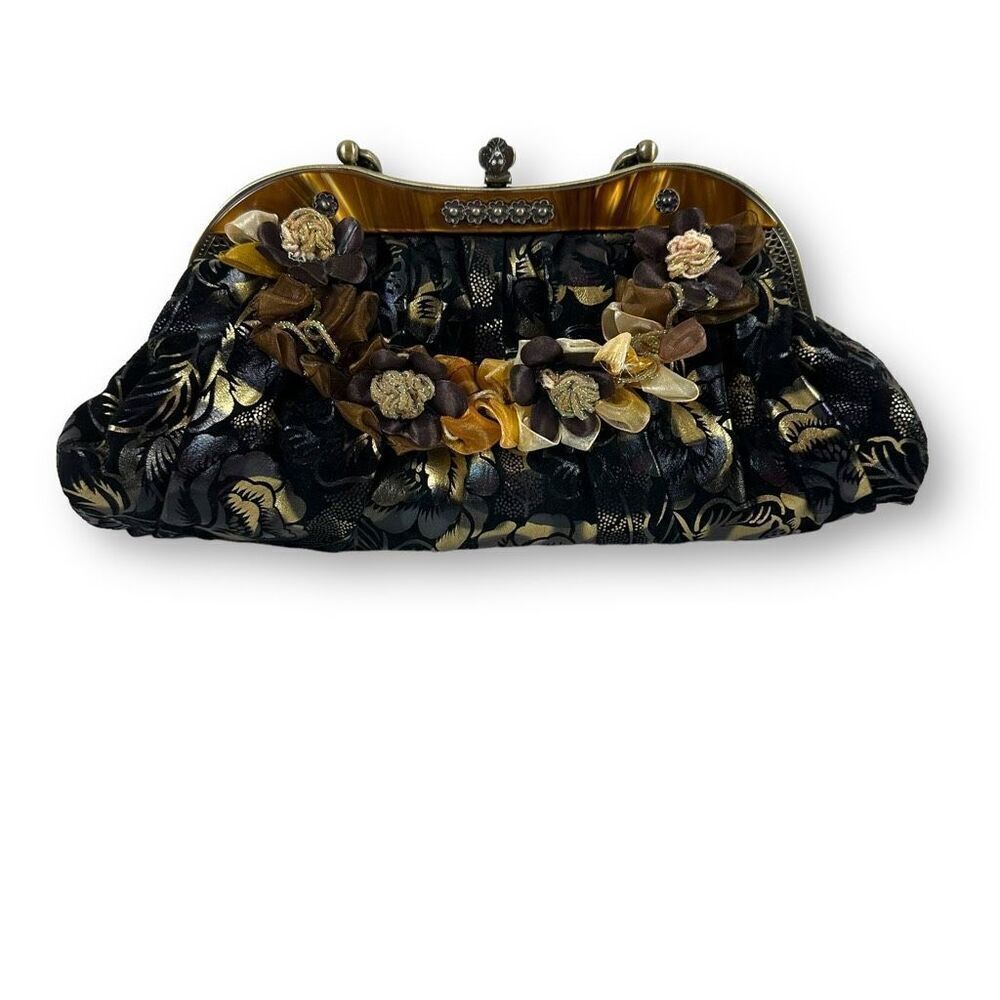 Vintage Velvet Fabric Dark Floral Evening Handbag Corsage Applique Chain Strap